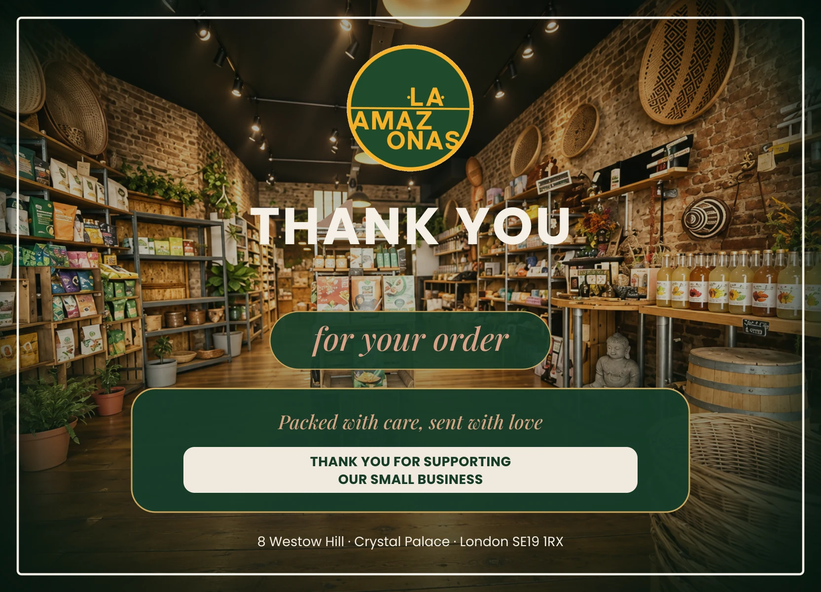 La Amazonas order thank-you card artwork, front side